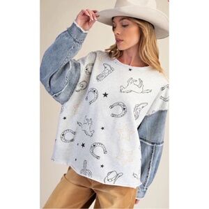 Coastal cowgirl Western Graphic top with Denim Sleeves new tags by easel